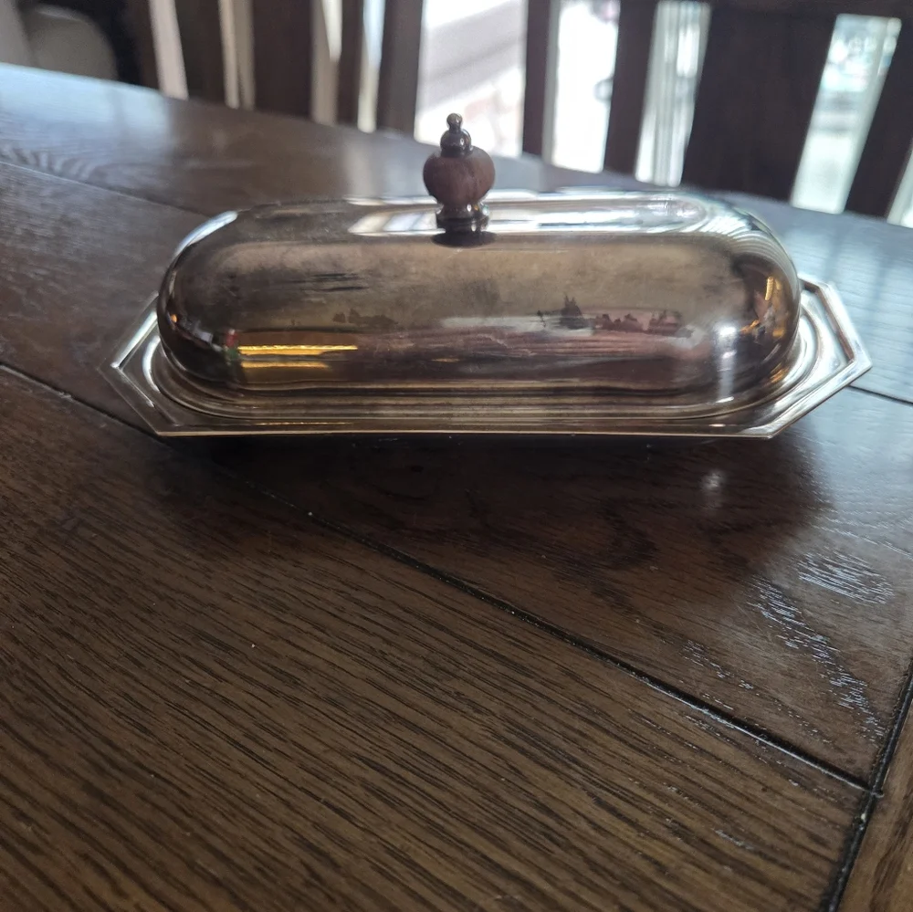 Vintage Silver-Plated Butter Dish With Wooden Finial Handle